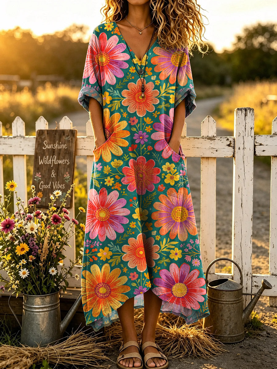Women's Floral Pattern Art Print Casual V Collar Cotton Linen Long Dress