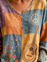 Women's Guitar Peace Patchwork Print Top