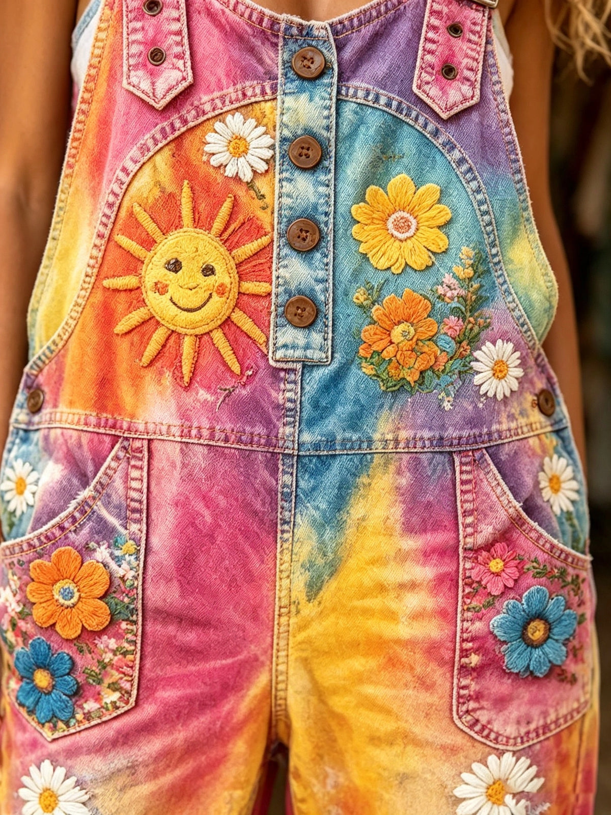 Women's Sun & Daisy Tie-Dye Print Overalls