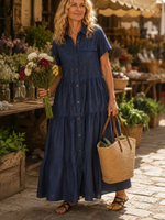 Women's Tiered Short Sleeve Denim Maxi Dress