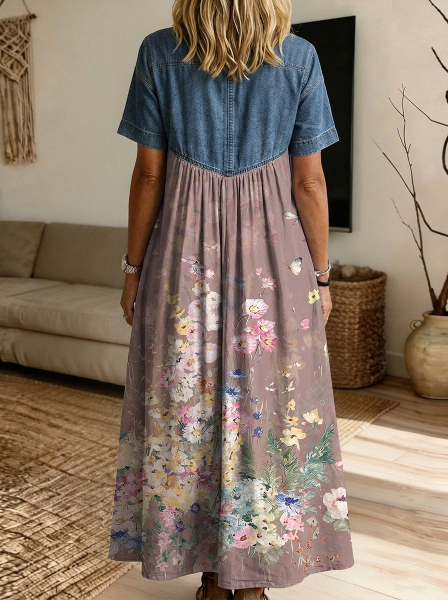 Women’s Denim Spliced Floral Dragonfly Print Shirt Midi Dress With Pockets