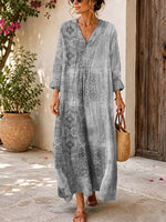 Retro Ethnic Pattern Art Print Casual V-neck Long Sleeve Cotton Linen Maxi Dress