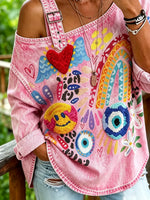 Women's Cartoon Rainbow Heart Evil Eye Smiley Print One Cold Shoulder Long Sleeve Washed Shirt