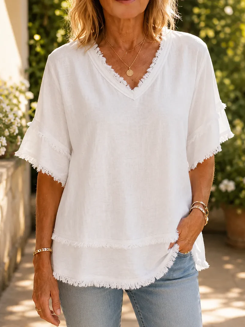 Women's Raw Edge Fringed Linen Blouse