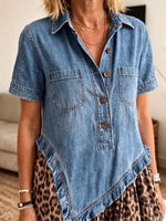Women's Denim Leopard Patchwork Asymmetrical Tiered Maxi Dress With Pockets