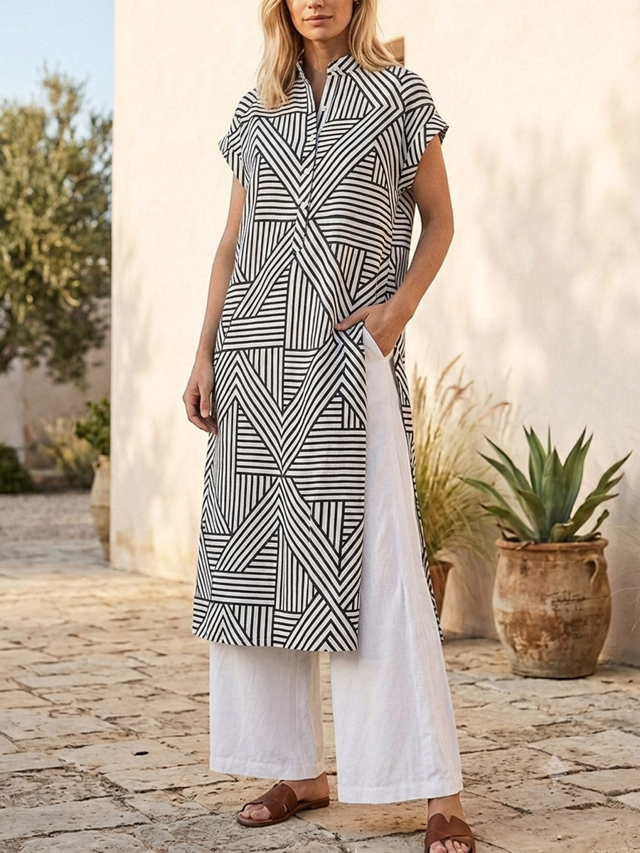 Geometric Pattern Art Print Casual Side Slits Stylish Cotton Linen Shirt