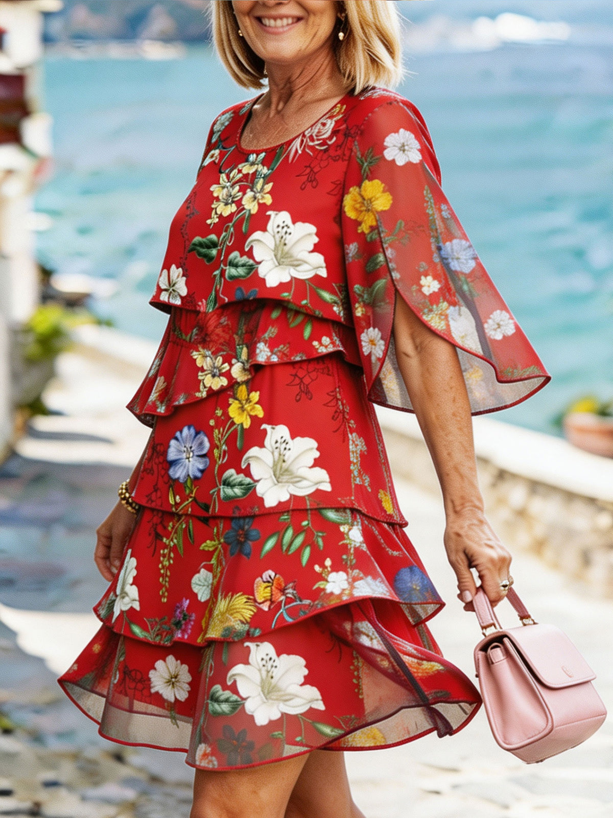 Women’s Red Floral Print Split Flare Sleeve Tiered Ruffle Chiffon Mini Dress