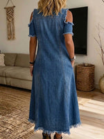 Women's Cold Shoulder Fringed Asymmetrical Hem Denim Midi Dress With Pockets