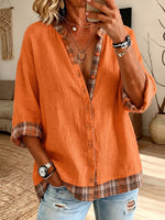 Vintage Elegant Button Long Sleeve Cotton And Linen Plaid Shirt