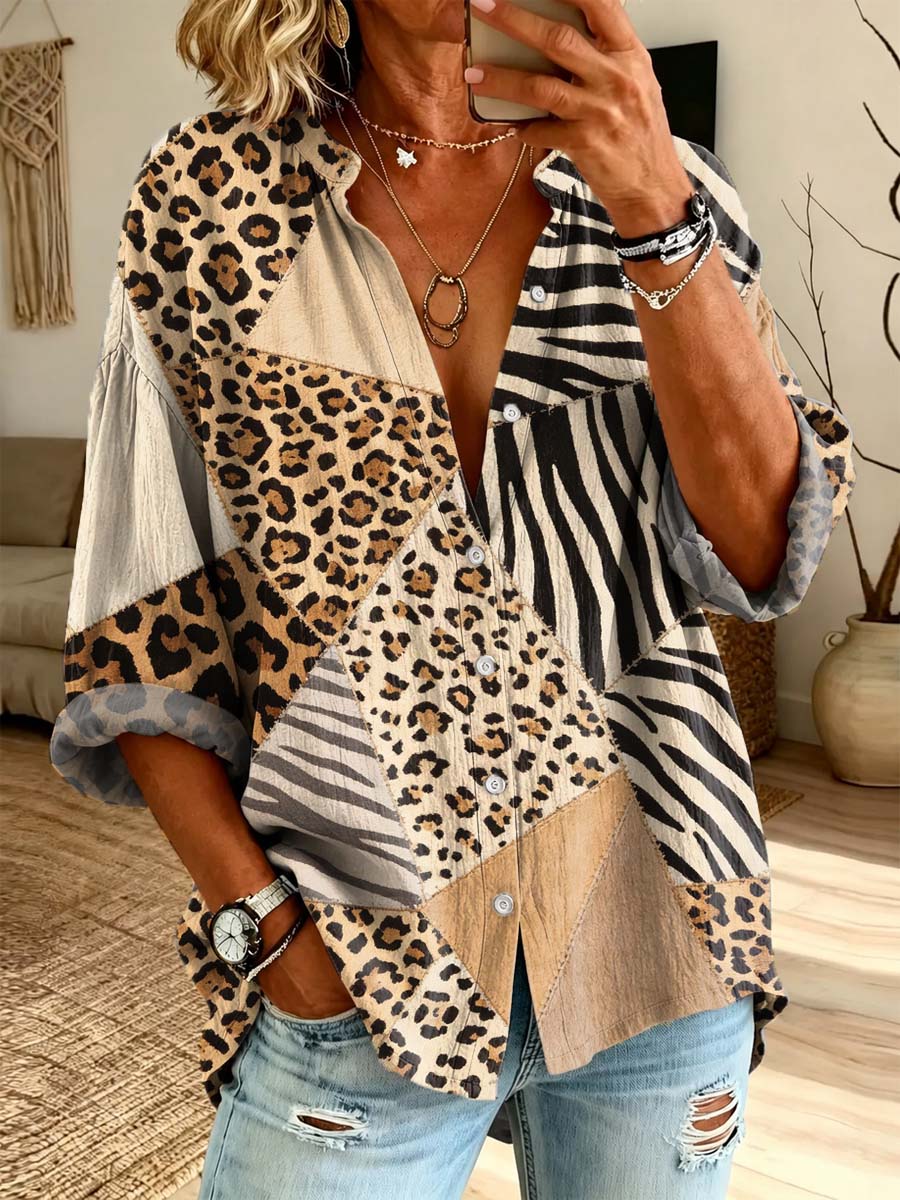 Retro Leopard Patchwork Pattern Art Print Casual Long Sleeve Cotton Linen Shirt