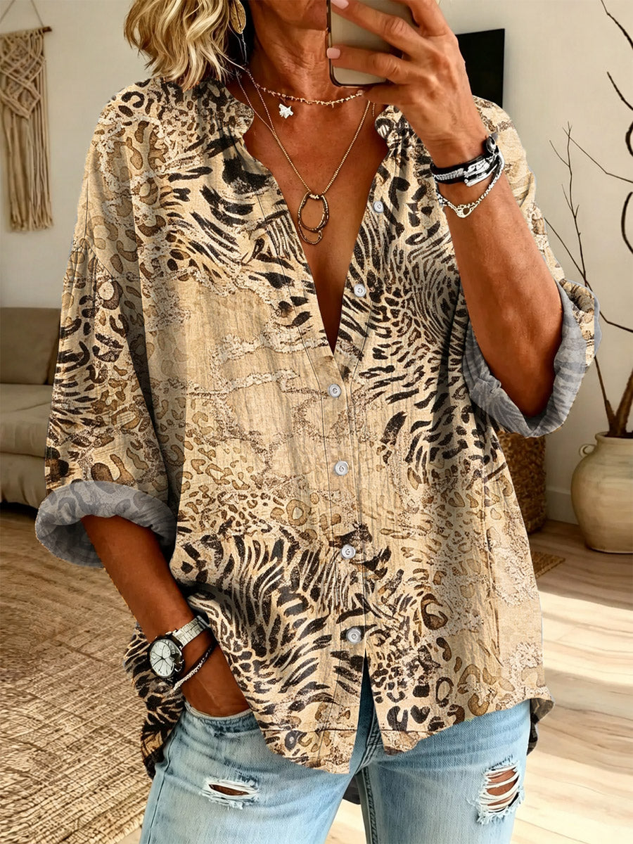 Retro Leopard Pattern Art Print Casual Long Sleeve Linen Shirt