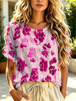 Women's Pink Floral Polka Dot Art Print Casual Short Sleeve Linen T-Shirt