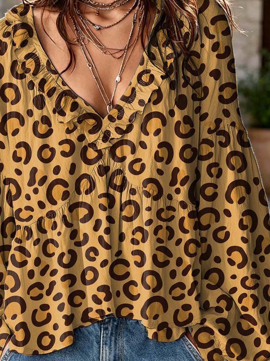 Women's Leopard Pattern Art Print Ruffle Casual Long Sleeve Cotton Linen Shirt