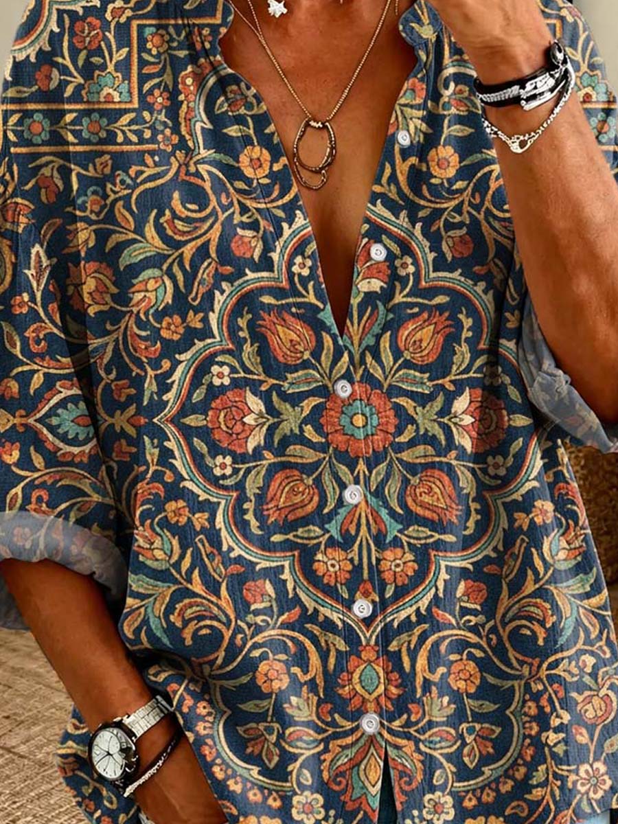 Retro Floral Pattern Art Print Casual Long Sleeve Cotton Linen Shirt