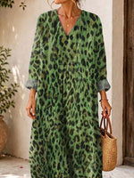Retro Leopard Pattern Art Print Casual V-neck Long Sleeve Cotton Linen Maxi Dress