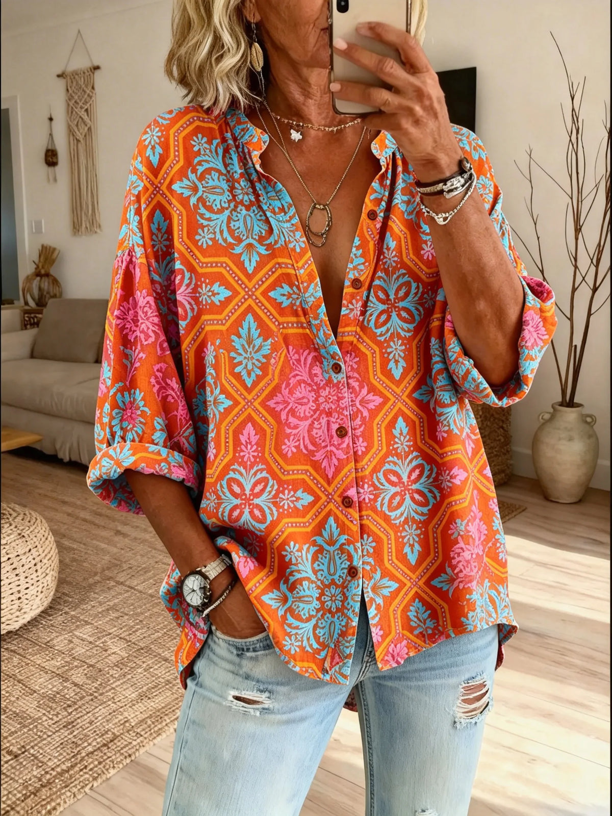 Women Vintage Damask Floral All Over Print Button Down Shirt