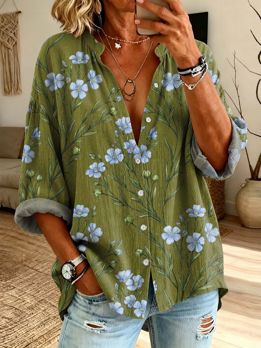 Vintage Floral Pattern Art Print Casual Long Sleeve Cotton Linen Shirt