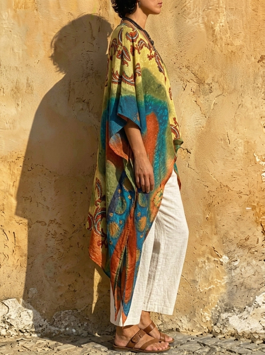 Women‘s Boho Color Block Paisley Print Batwing Irregular Hem Tunic Top