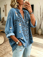Women's Distressed Leopard Print Loose Denim Shirt