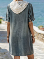 Women's Lace Hood Zip Front Short Sleeve Loose Denim Shift Dress