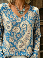 Women's Paisley Print V-Neck Long Sleeve Top
