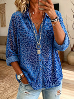 Women’s Blue Flocked Leopard Print Collared Loose Button Down Shirt With Pockets