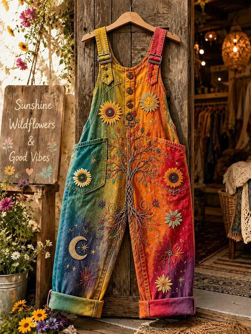 Women's Gradient Tree of Life Sunflower Moon Star Print Rainbow Overall Pants