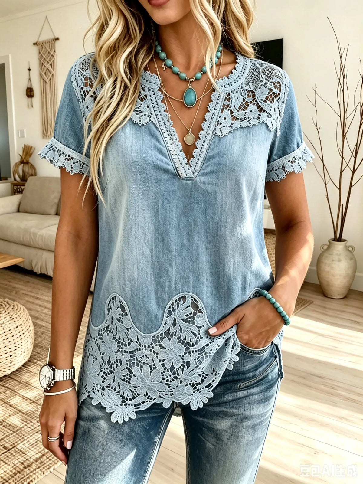 Women's Wavy Floral Lace Panel V-Neck Short Sleeve Washed Denim Top