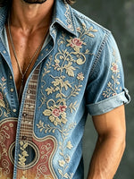 Men's Denim Floral Guitar Print Button-Up Shirt