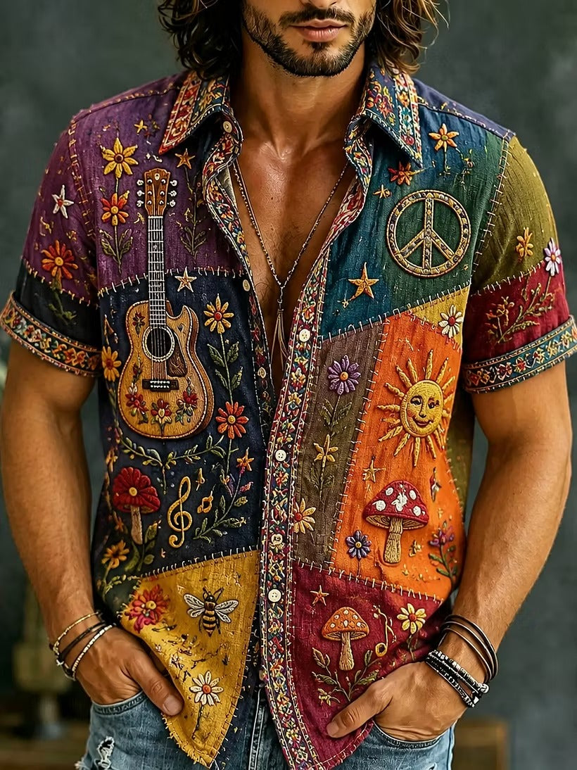 Men's Patchwork Guitar Mushroom Print Button-Up Shirt