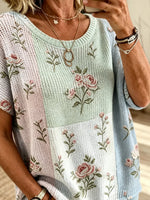 Women’s Color Block Watercolor Rose Print Loose Short Sleeve Knit Blouse
