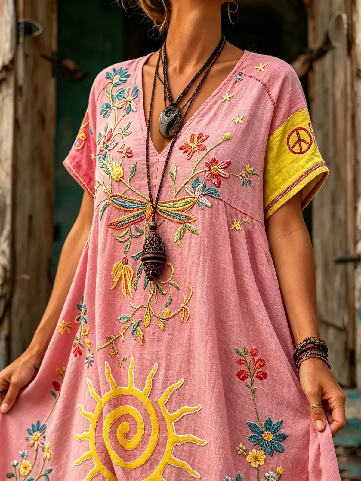 Women Sun Poppy Floral Print V-Neck Maxi Dress