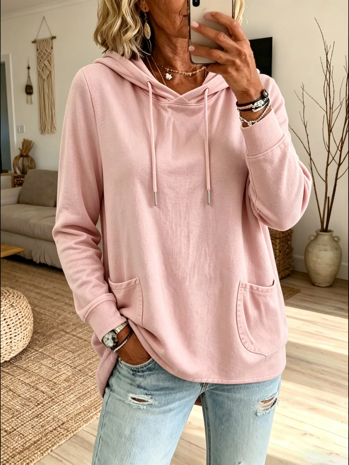 Women's Solid Color Basic Dual Pocket Drawstring Loose Hooded Sweatshirt