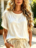 Women's Solid Color Short Sleeve Round Collar Cotton And Linen Shirt