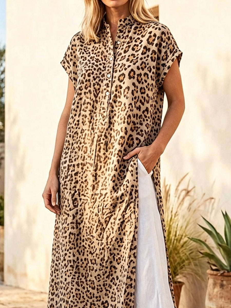 Retro Leopard Pattern Art Print Casual Side Slits Stylish Cotton Linen Shirt