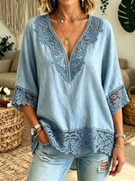 Women's V-Neck Lace Denim Top