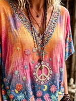 Women's Sunset Gradient Moon Star Daisy Peace Totem Print V-Neck Short Sleeve Vacation Top