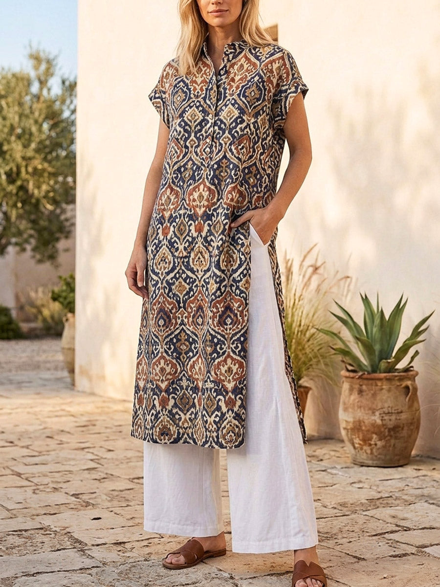 Retro Ethnic Floral Pattern Art Print Casual Side Slits Stylish Cotton Linen Shirt