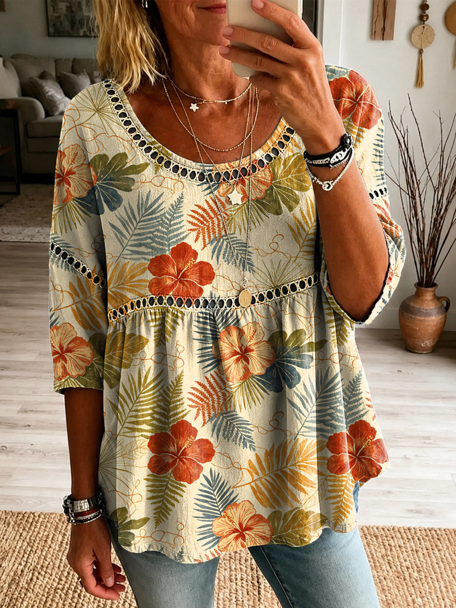 Women's Floral Pattern Art Print Casual Hollow Linen Shirt