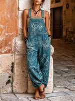 Women’s Boho Ethnic Geometric Print Denim Overalls With Multiple Pockets