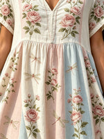 Women's Pastel Rose Dragonfly Print Maxi Dress