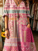 Women's Pink Vintage Patchwork Floral Stripe Print V-neck Maxi Dress