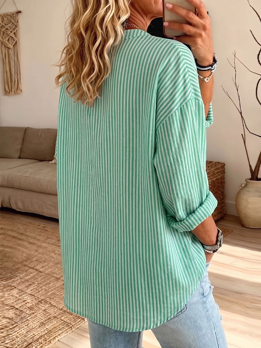 Vintage Elegant Button Long Sleeve Cotton And Linen Stripes Print Shirt