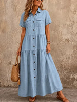 Women's Tiered Short Sleeve Denim Maxi Dress