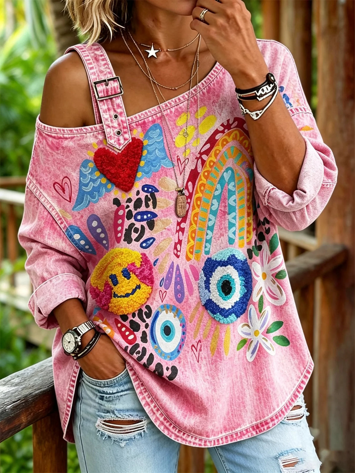 Women's Cartoon Rainbow Heart Evil Eye Smiley Print One Cold Shoulder Long Sleeve Washed Shirt