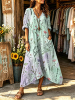 Women's Gradient Watercolor Wild Herb Floral Print V-neck Maxi Dress