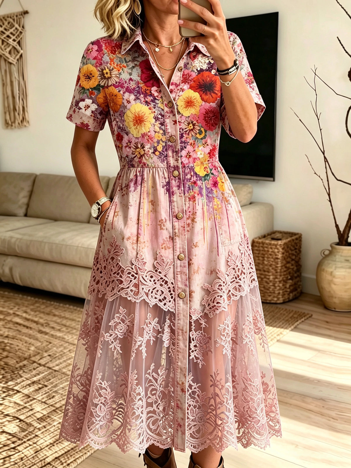 Women's Floral Lace Mesh Shirt Dress