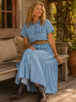 Women's Tiered Short Sleeve Denim Maxi Dress