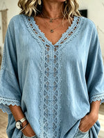 Women's Full Lace V-Neck Loose 3/4 Sleeve Denim Top